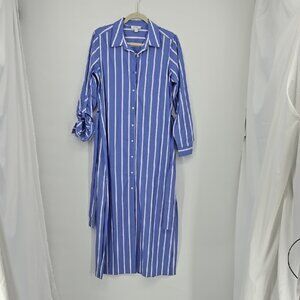 On 34th Blue Striped Collar Shirt Dress Side Slit Rolled Button Tab Sleeve Small